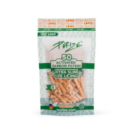 Filtros PURIZE® XTRA Slim Size Long de 6 mm con carbón activo de coco y tapas cerámicas en ambos extremos. Bolsa de 50 unidades envasadas a mano EN. BARCELONA