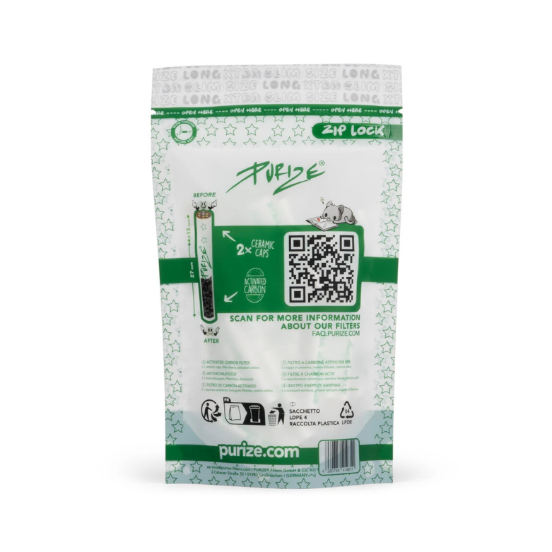 Bolsa PURIZE® XTRA Slim Size Long – Filtros de carbón activo de 6 mm Filtros PURIZE® XTRA Slim Size Long de 6 mm con carbón activo de coco y tapas cerámicas en ambos extremos. Bolsa de 50 unidades envasadas a mano.