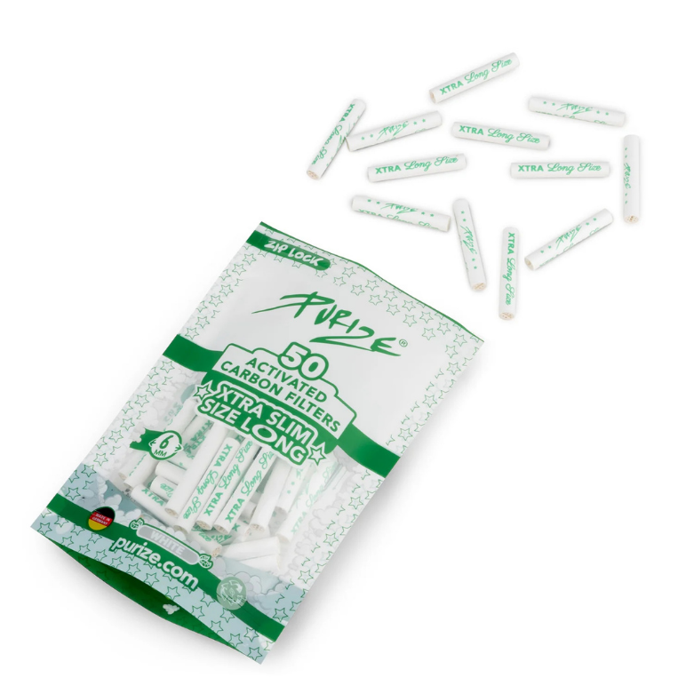 Bolsa PURIZE® XTRA Slim Size Long – Filtros de carbón activo de 6 mm Filtros PURIZE® XTRA Slim Size Long de 6 mm con carbón activo de coco y tapas cerámicas en ambos extremos. Bolsa de 50 unidades envasadas a mano.