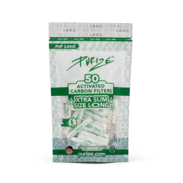 Bolsa PURIZE® XTRA Slim Size Long – Filtros de carbón activo de 6 mm Filtros PURIZE® XTRA Slim Size Long de 6 mm con carbón activo de coco y tapas cerámicas en ambos extremos. Bolsa de 50 unidades envasadas a mano.
